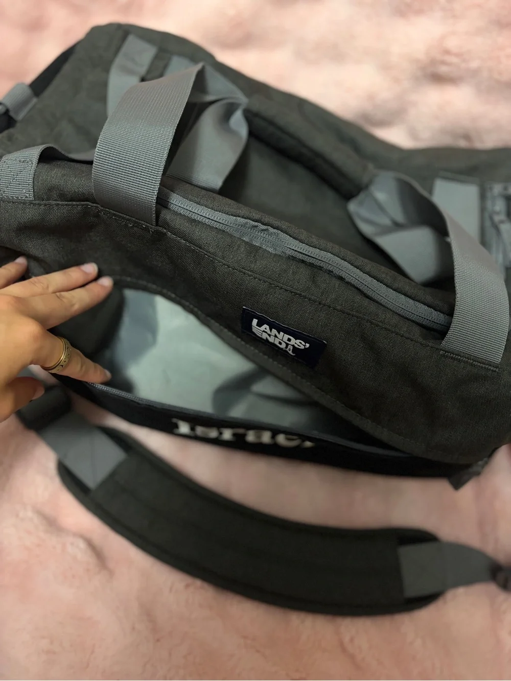 Lands' End two-tone gray and black men's duffel with 'Israel' embroidery